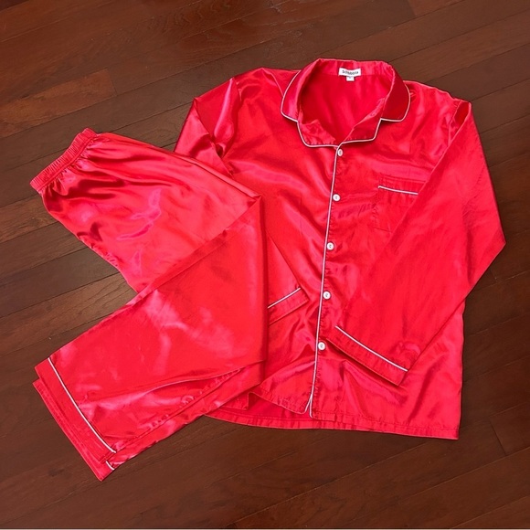 Other - Red Satin Pajama Set long sleeve top size large pants medium